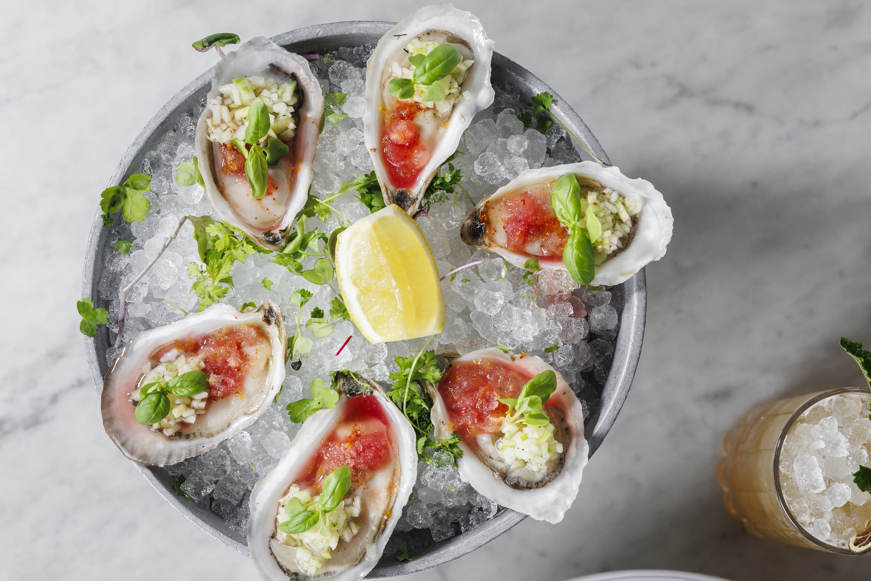 Granita Oysters (1/2 dz)*  Pomegranate & Meyer lemon granita, green apple mignonette, Espelette pepper, basil