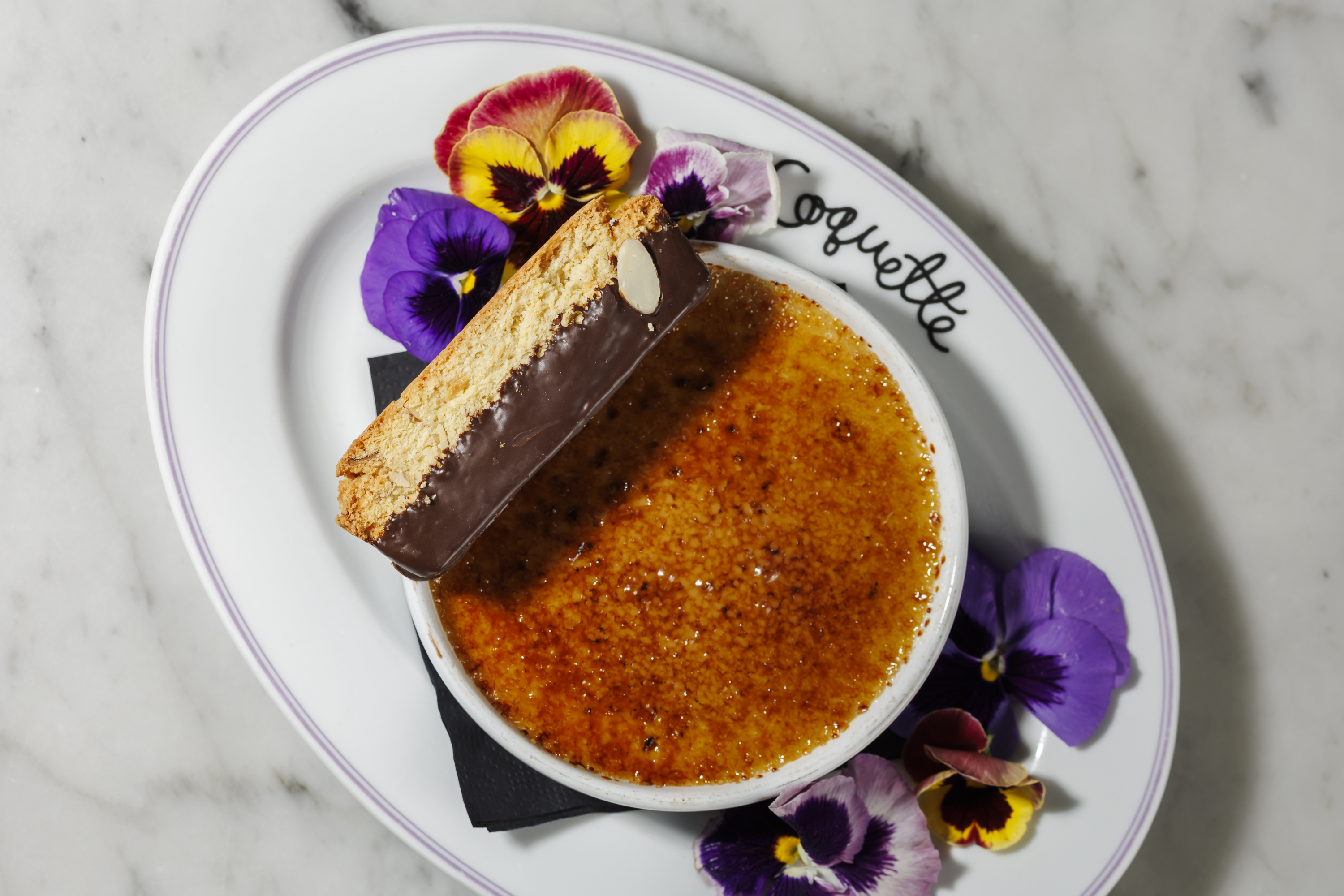Chai and bourbon creme brûlée, almond biscotti