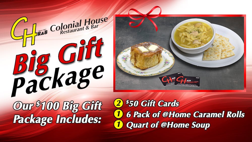Picture of Colonial House Big Gift Package Promo Two $50 Gift Cards, One- 6 pack of Caramel Rolls and One - Quart of Soup.