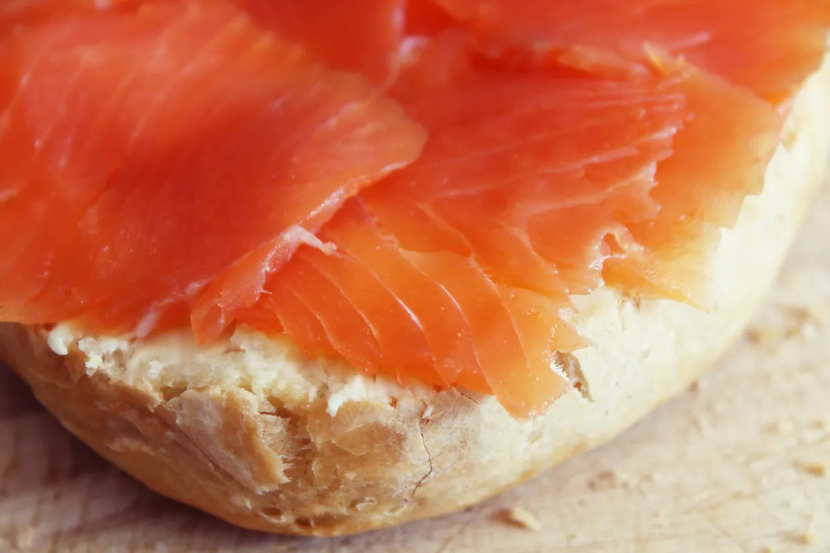 a close up of bagel with salmon