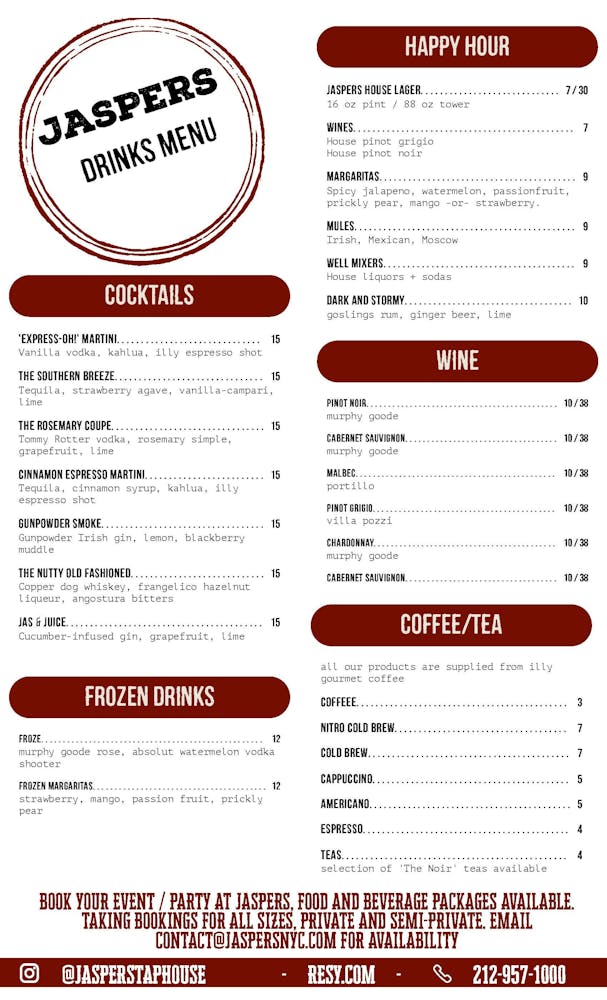 Menus | Jasper's Taphouse & Kitchen