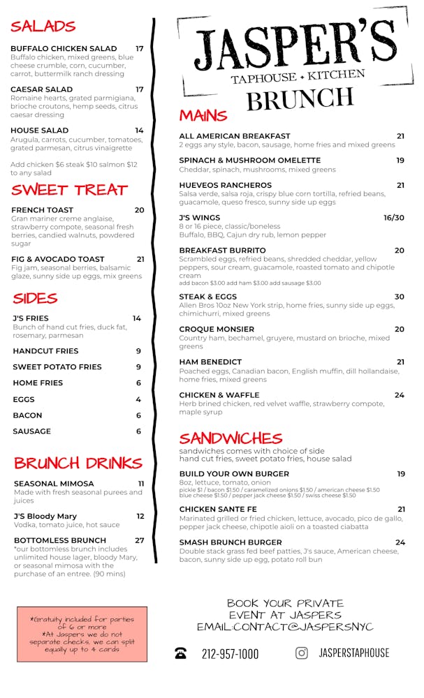 Menus | Jasper's Taphouse & Kitchen