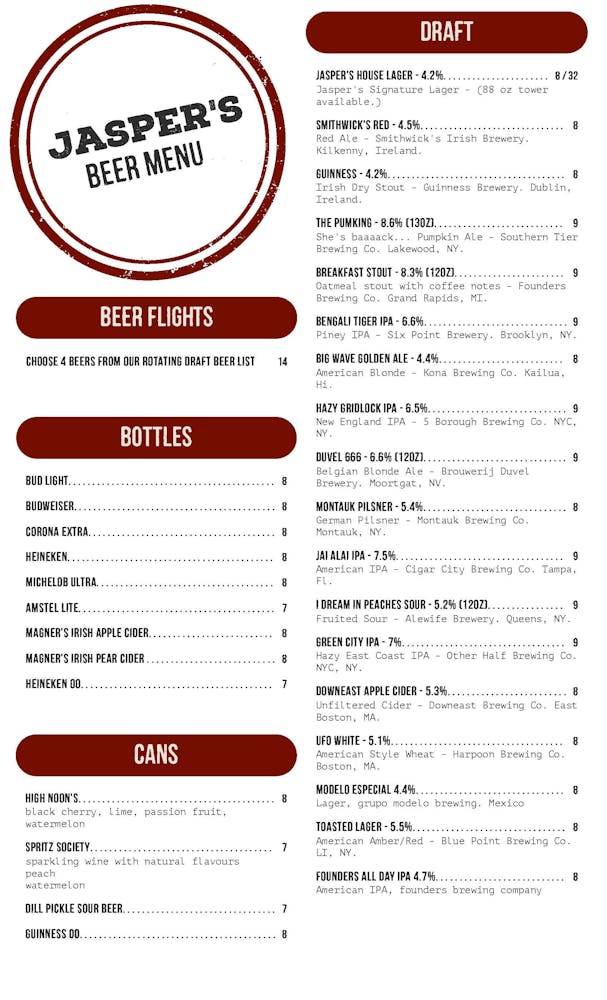 Menus Jasper's Taphouse & Kitchen