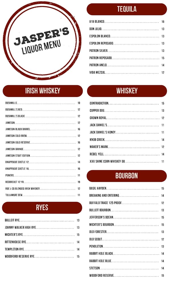 Menus | Jasper's Taphouse & Kitchen