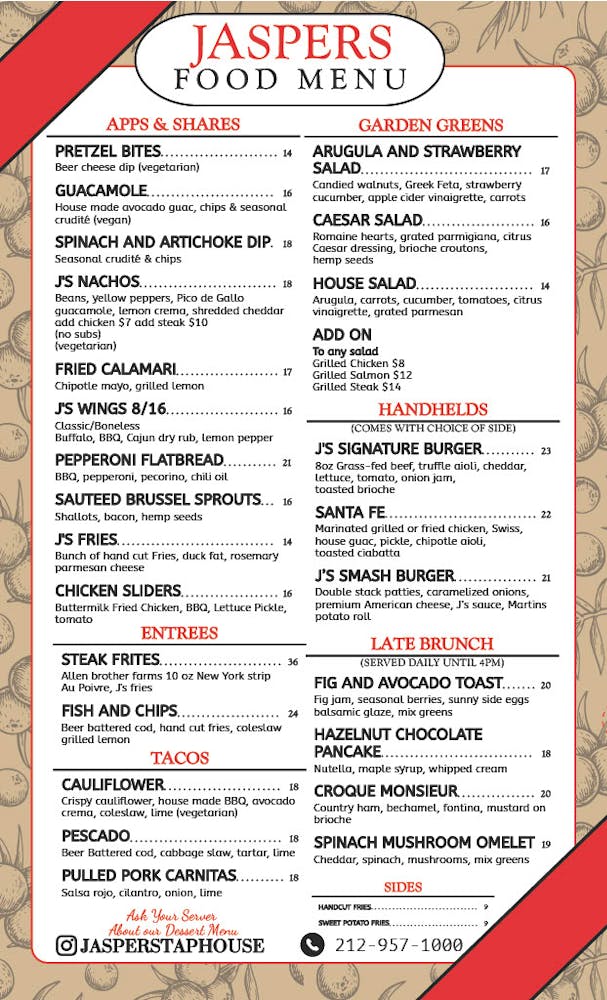 Menus | Jasper's Taphouse & Kitchen