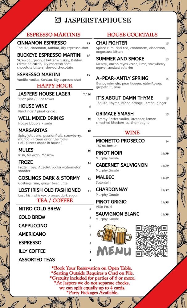 Menus | Jasper's Taphouse & Kitchen