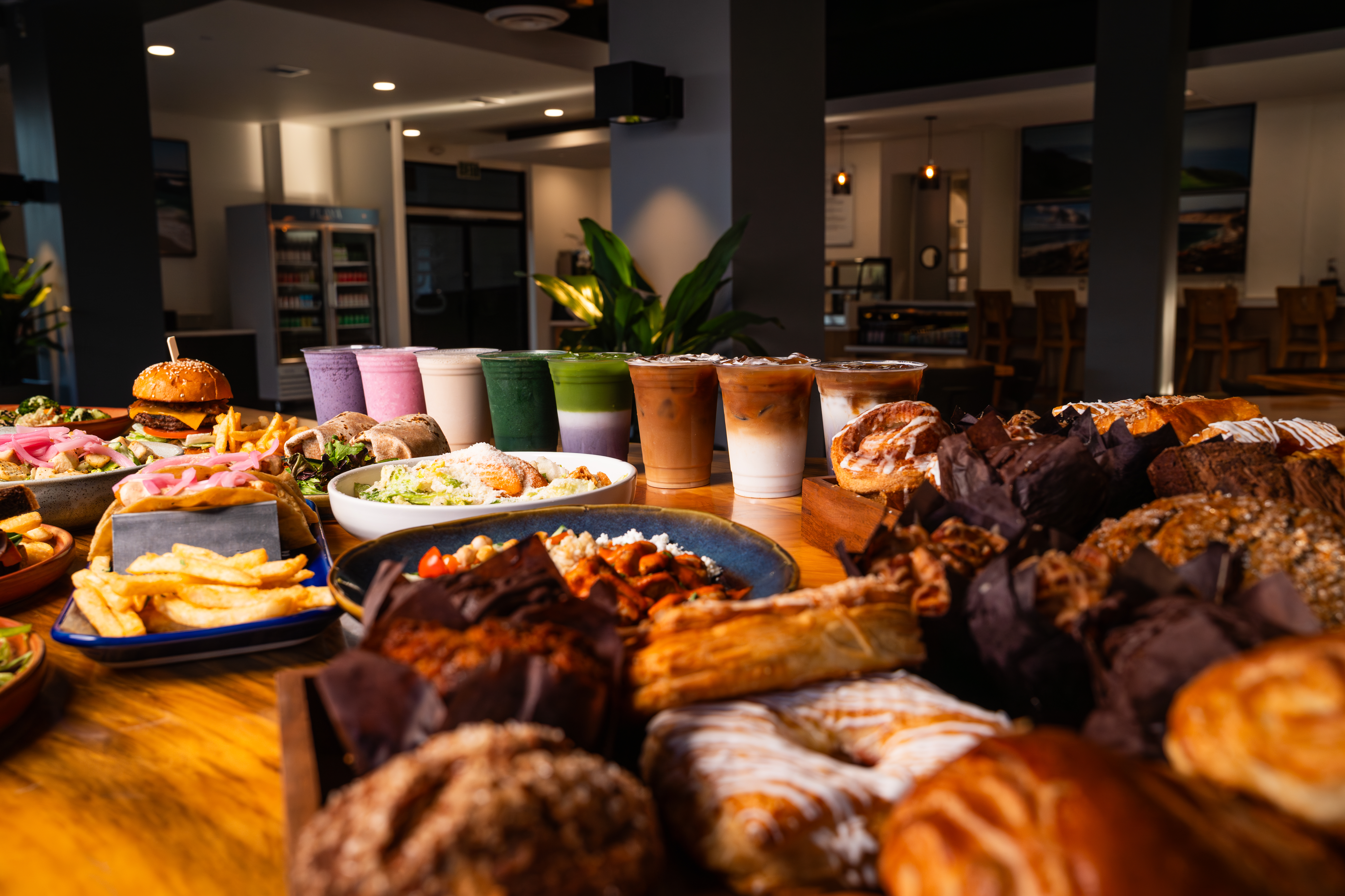 a bunch of food and drinks