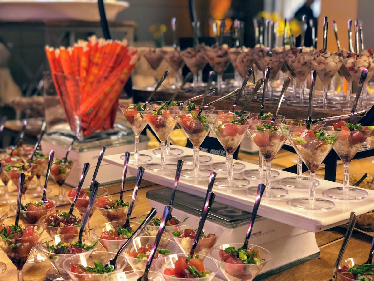 a table filled with wine glasses