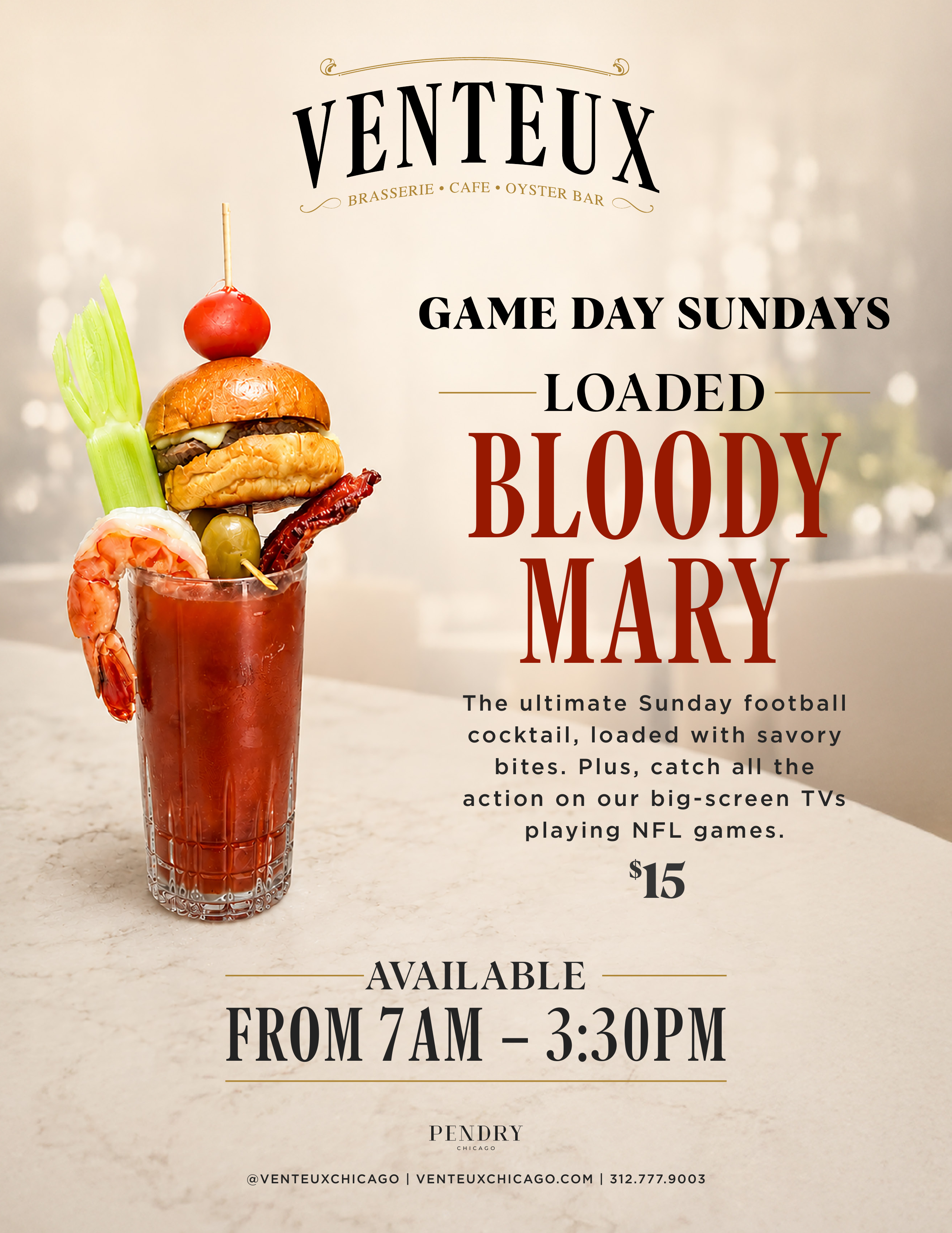 Loaded Bloody Mary topped with a mini slider, shrimp, celery, olive and bacon for Venteux Chicago’s $15 Game Day Sundays NFL special.