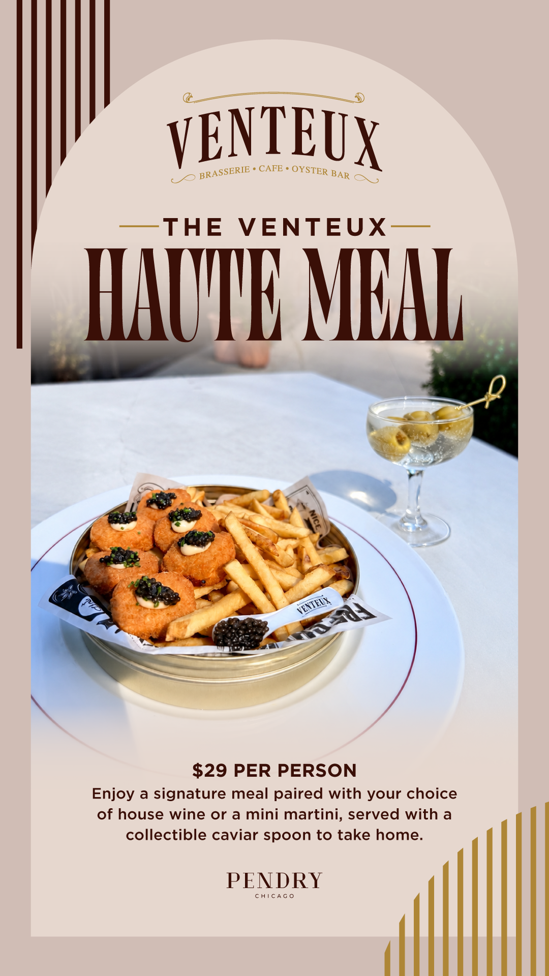 Caviar and crème fraîche-topped chicken nuggets served with a mini martini and collectible caviar spoon in the Venteux Haute Meal.
