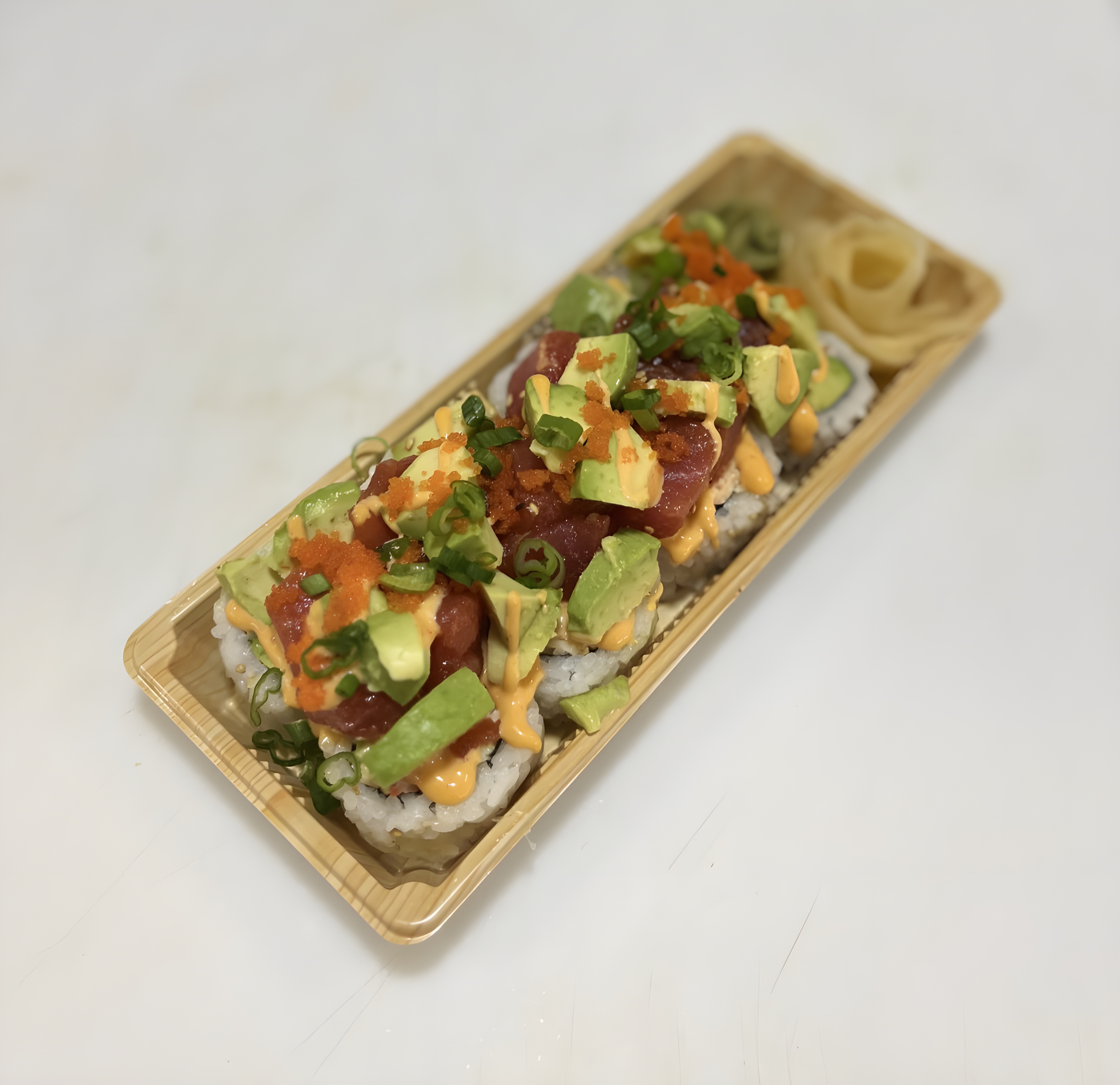 a slice of pizza on a tray