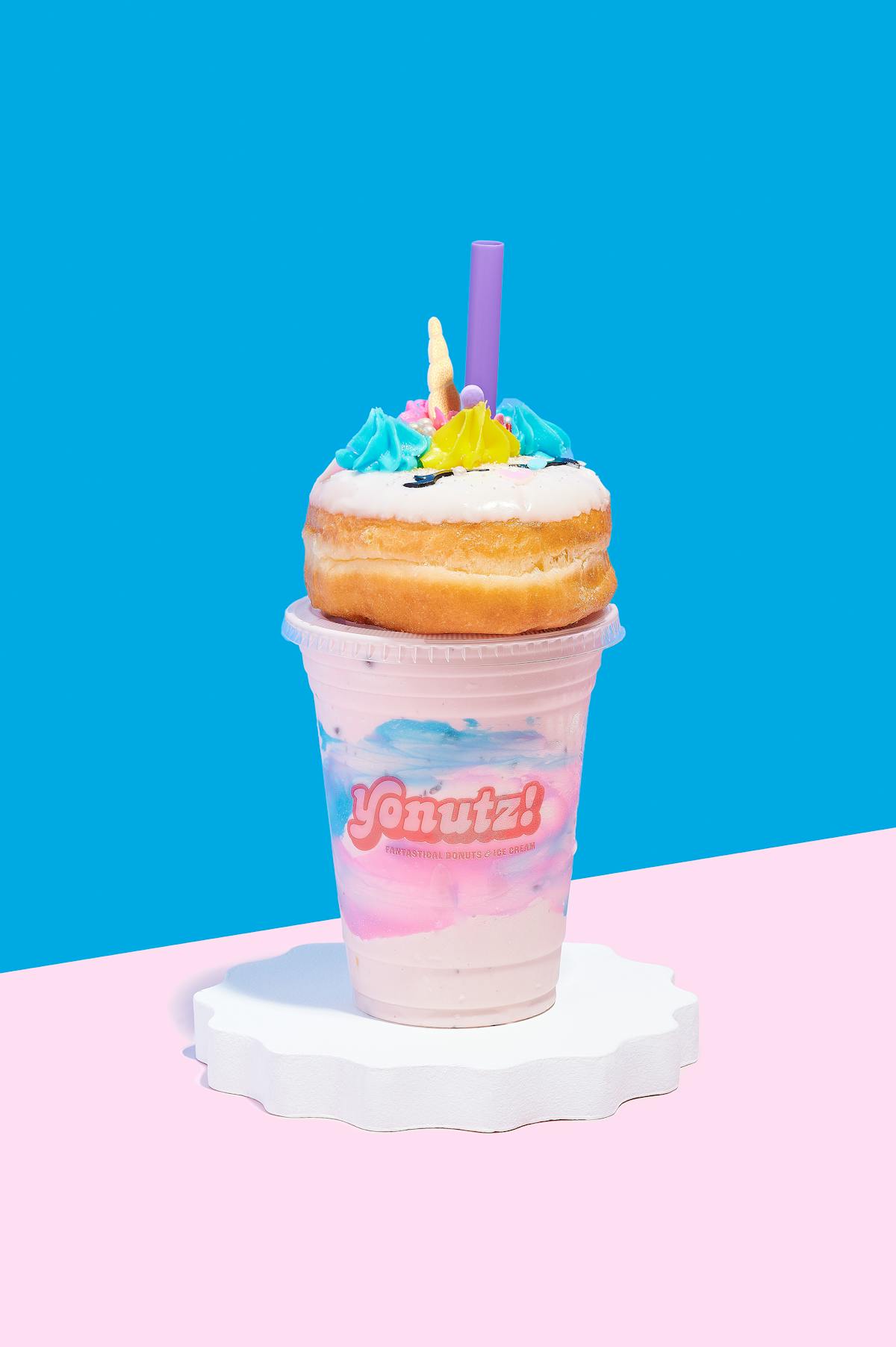 a donut on a milkshake