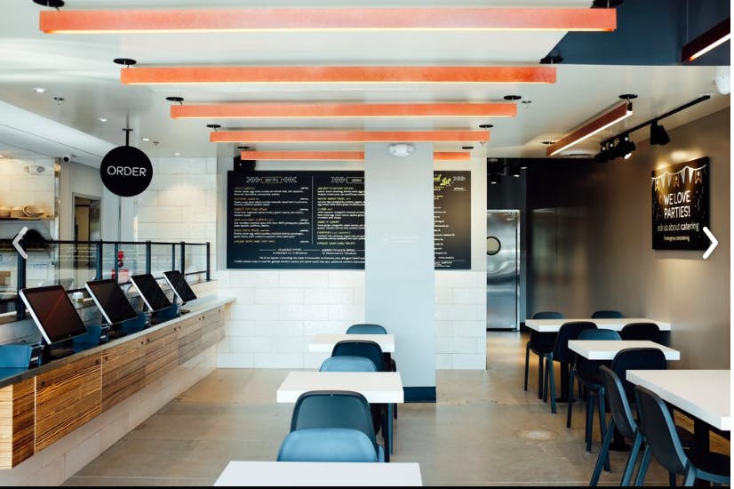 a room filled with dining tables