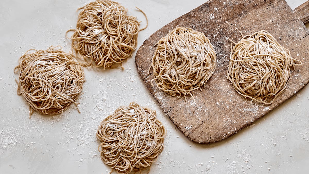 a close up of noodles