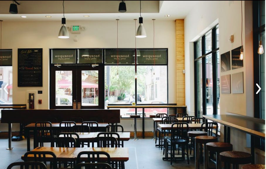 a room filled with dining tables