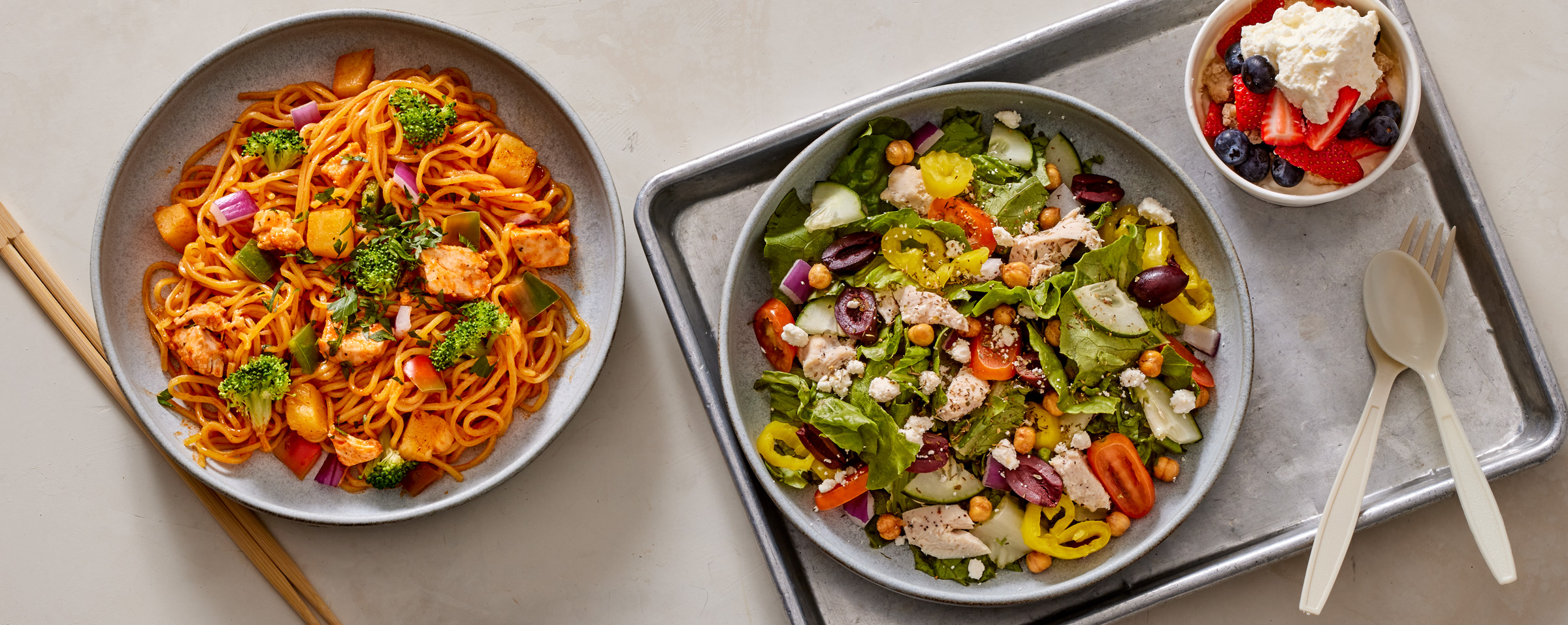 spicy garlic stir-fry, a salad, and a honeybar