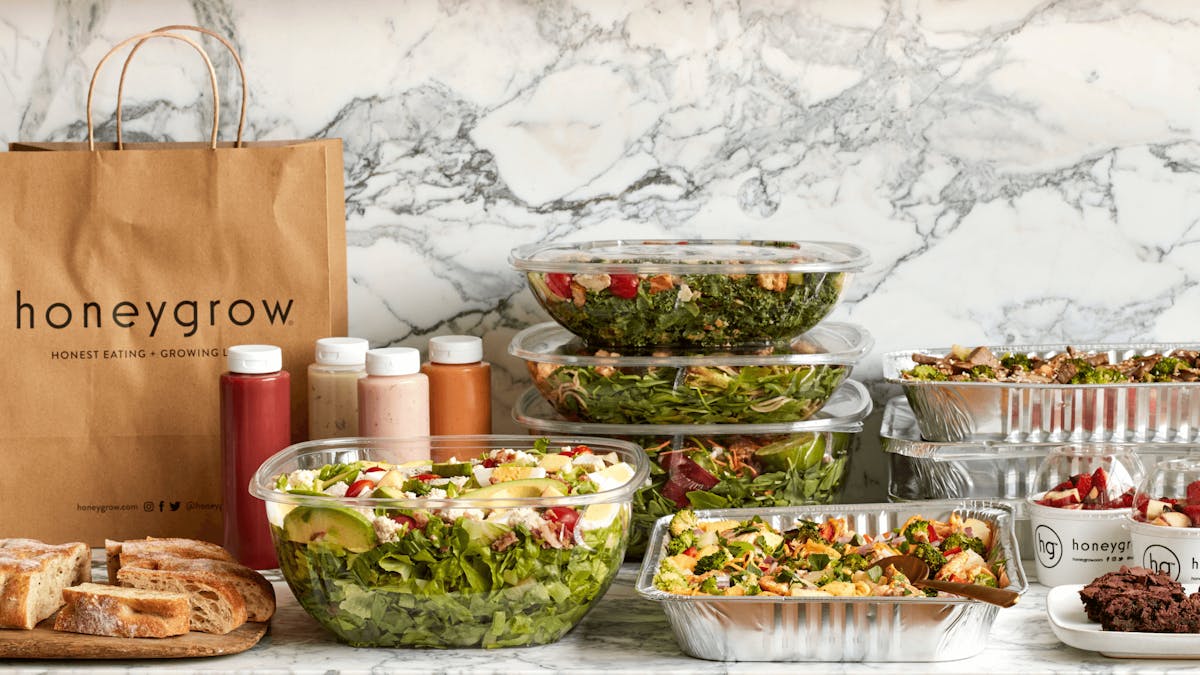 honeygrow catering trays of stir-frys, salads, and honeybars are available at all locations