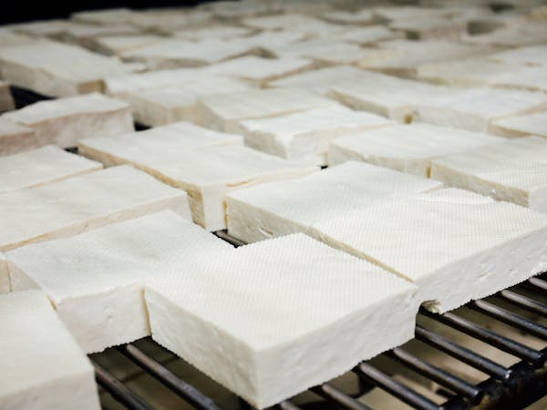 a bunch of tofu blocks on a grill