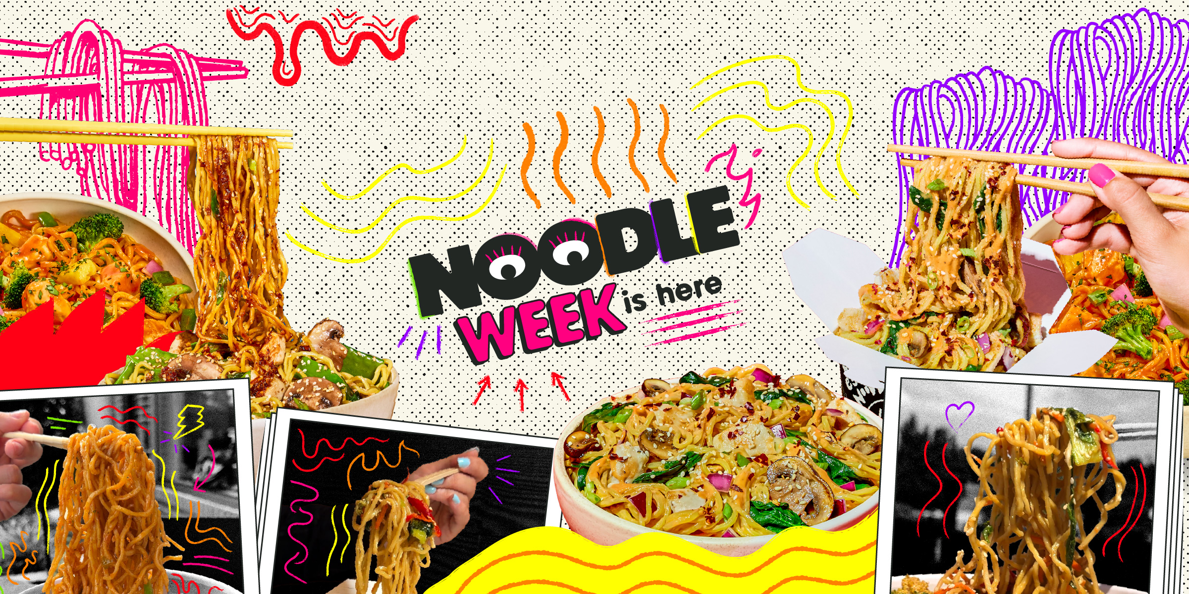Noodle week banner featuring illustrations and noodle imagery