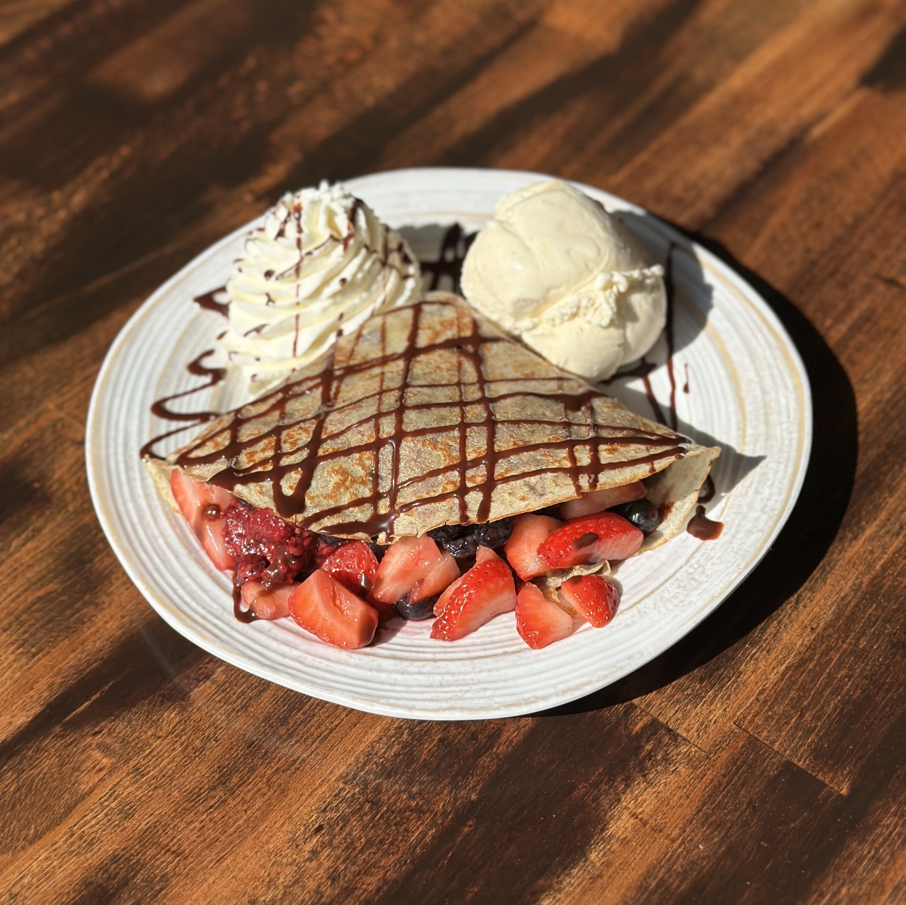 a plate of food on a wooden table