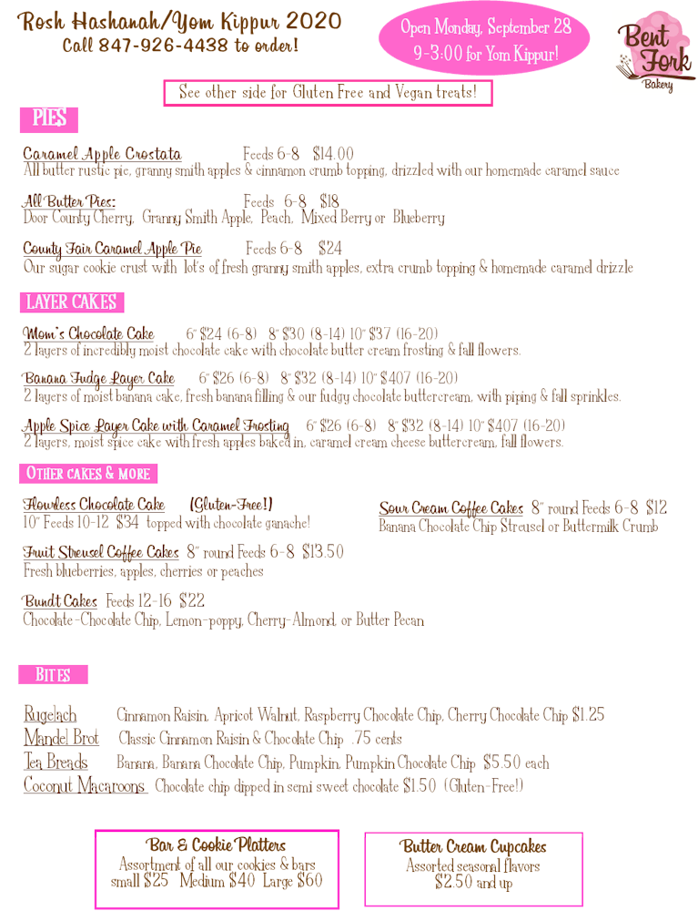 Menus The Bent Fork Bakery