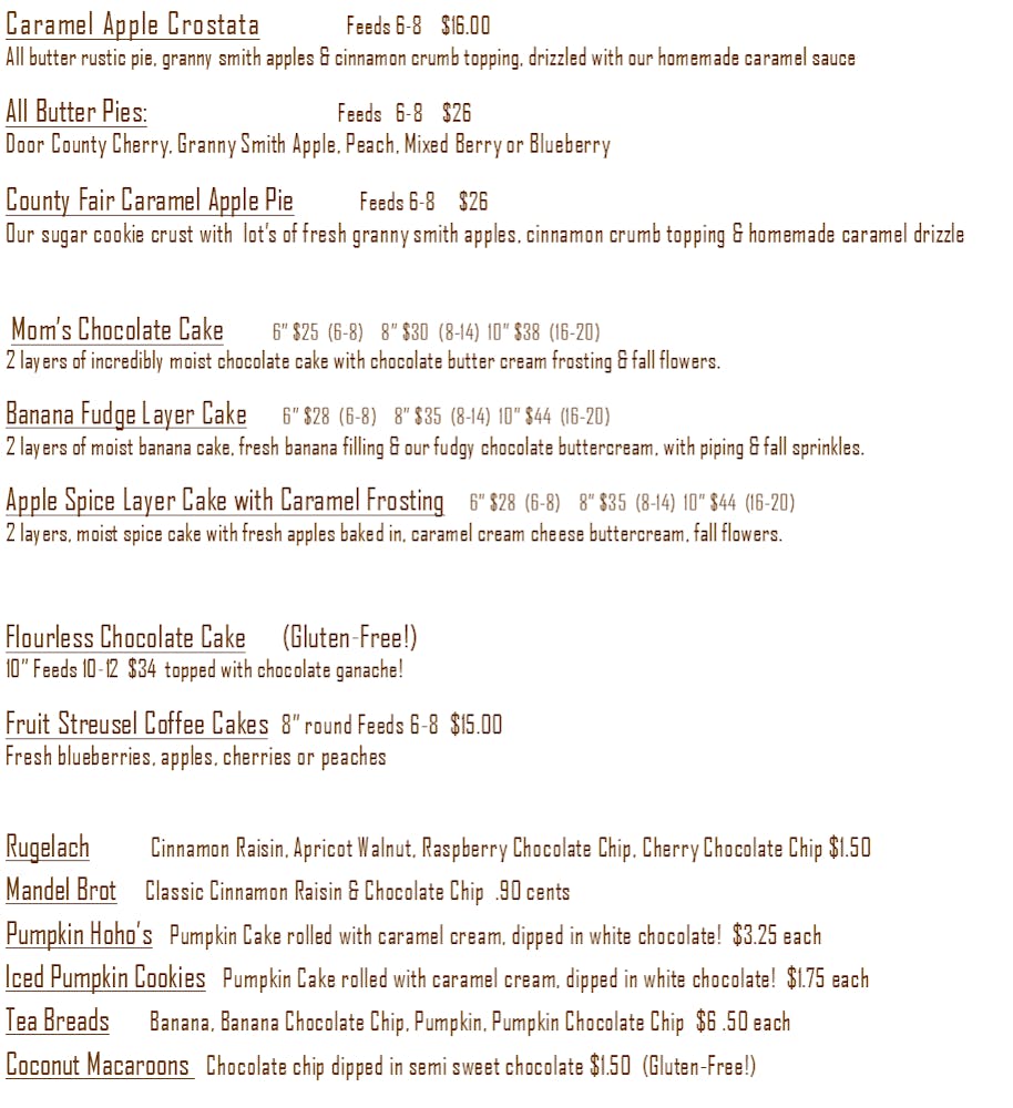 Menus The Bent Fork Bakery