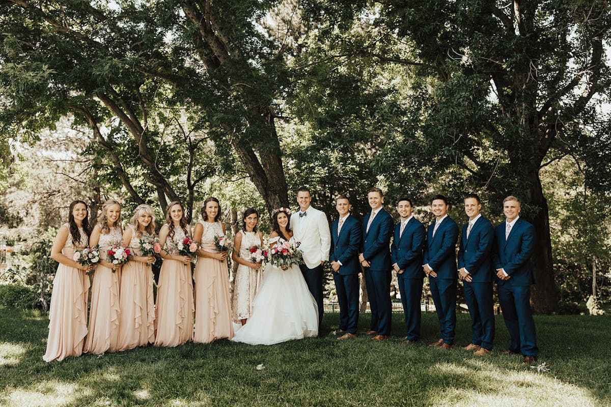 the bride, groom, bride's maides, groom's men posing for the camera