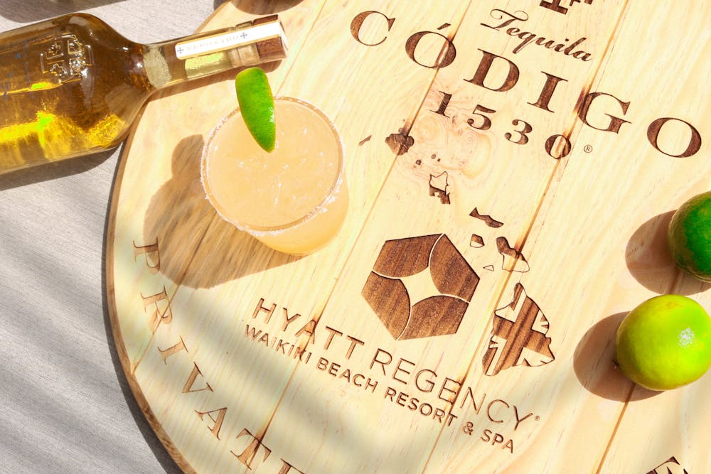 Margarita cocktail on top of a barrel top