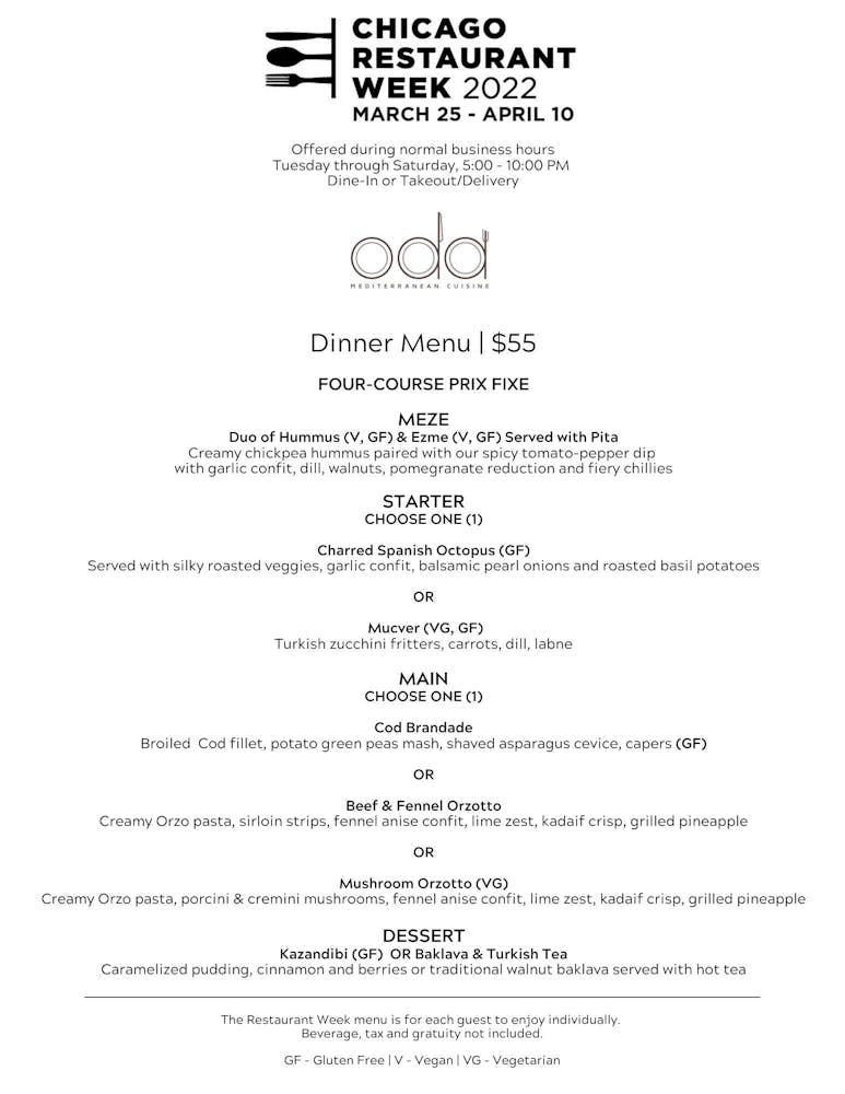 Chicago Restaurant Week Oda Mediterranean Cuisine In Chicago Il Source From odachicago.com Image Size Width 1000 x Height 773 Chicago Restaurant Week Oda Mediterranean Cuisine In Chicago Il - Restaurant Week Chicago 2022 Menu