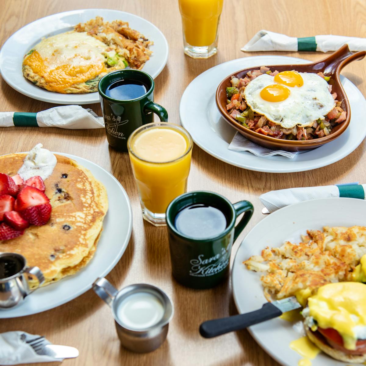 a plate of breakfast food is sitting on a table