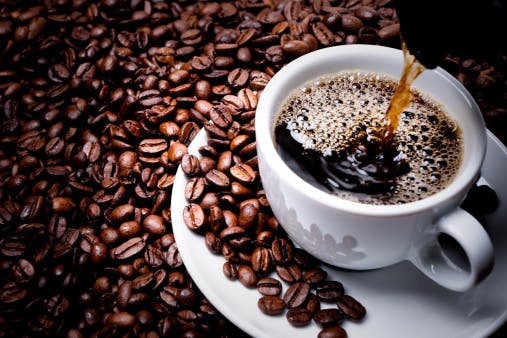 a close up of a plate of food and a cup of coffee