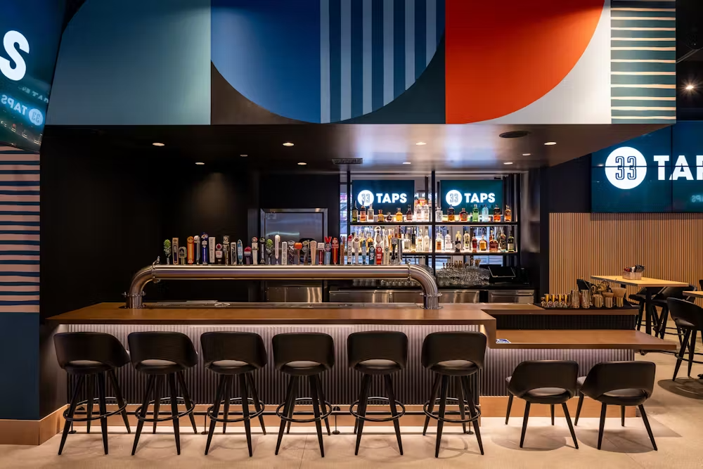 a chair sitting in front of a restaurant