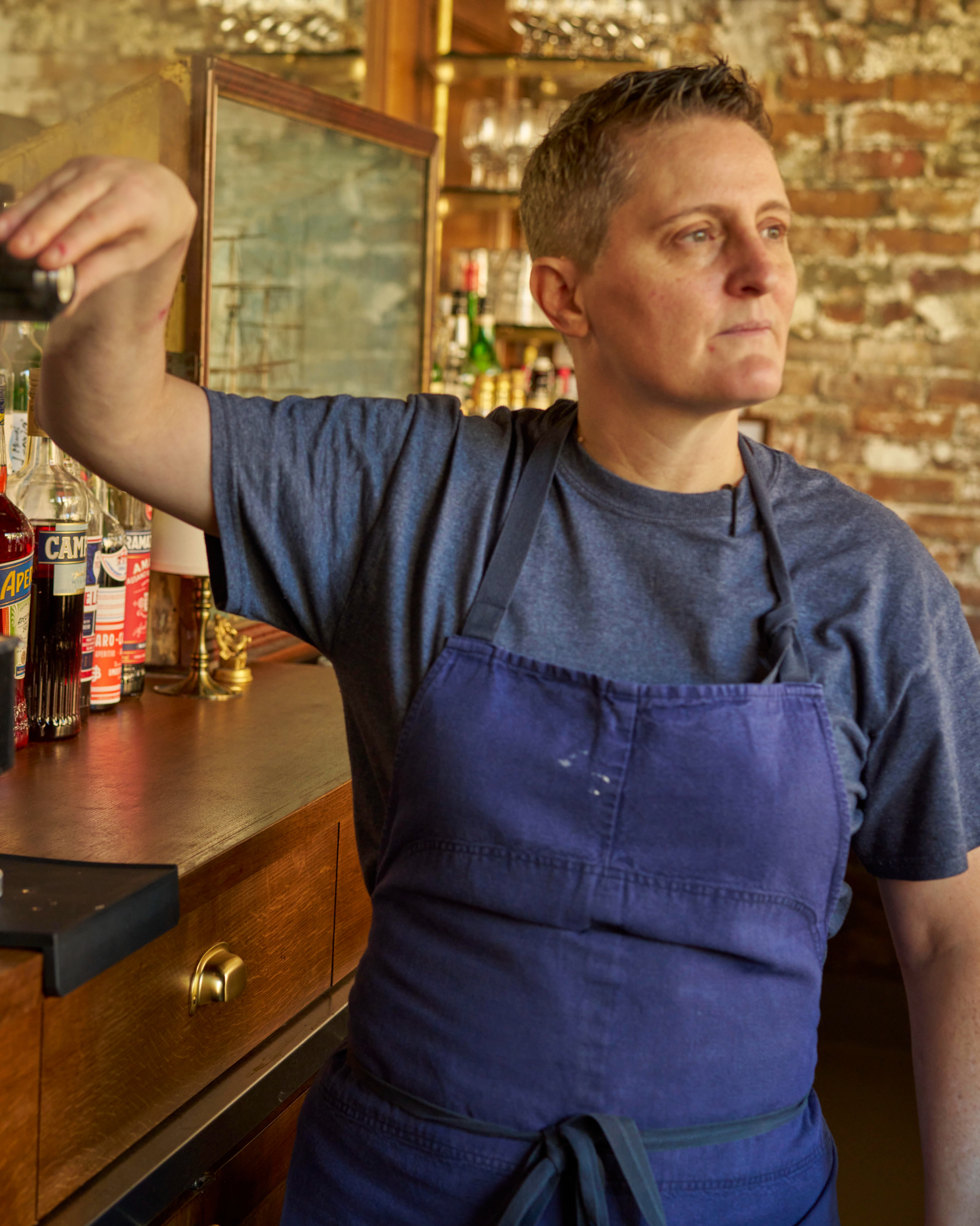 a woman in a blue shirt
