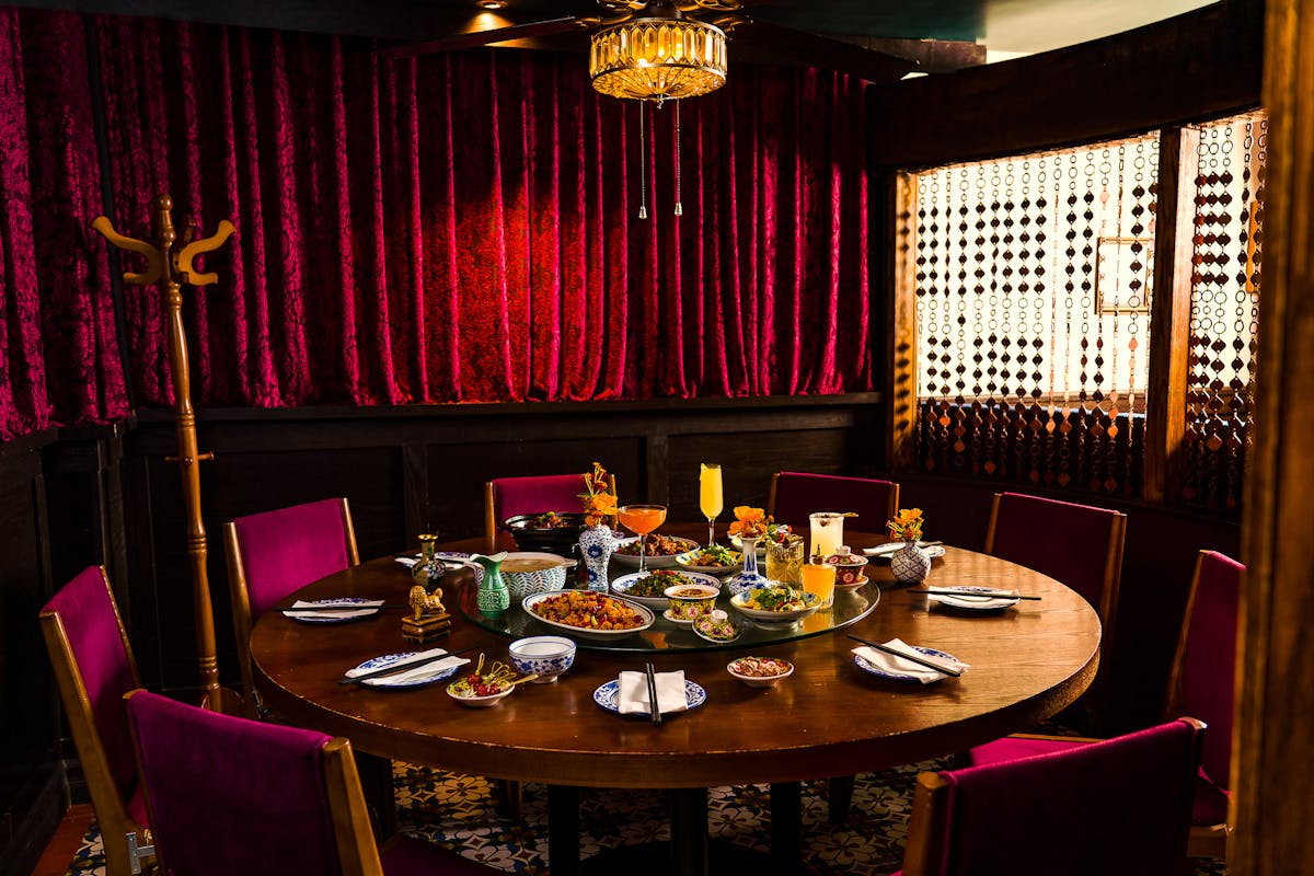 a dining table in a dark room