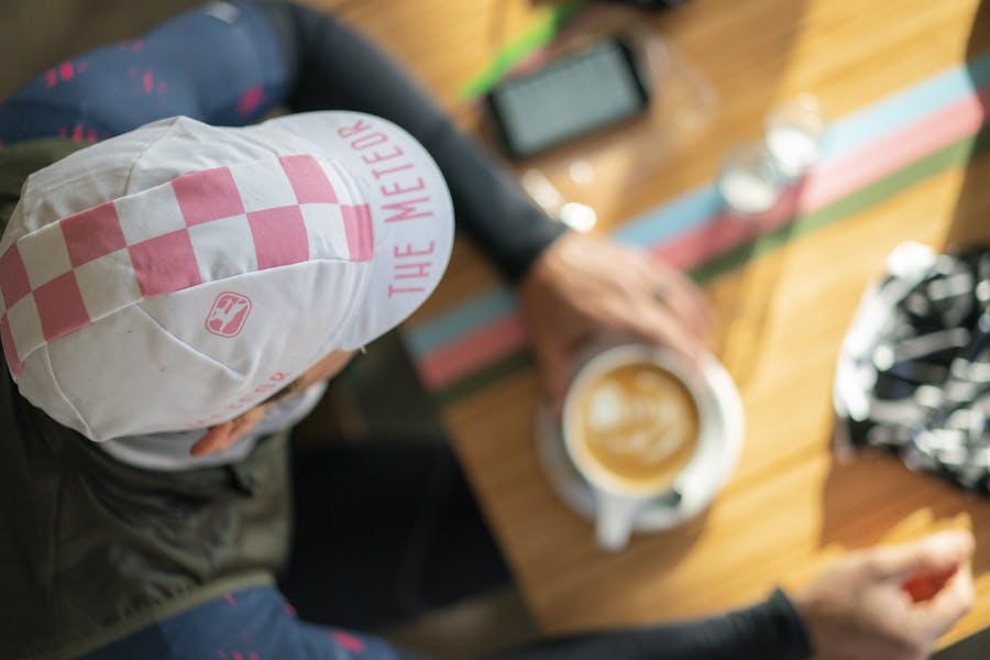METEOR Checkered Flag Cycling Cap Meteor Bike Shop & Cafe Espresso. Champagne. Chain Lube.