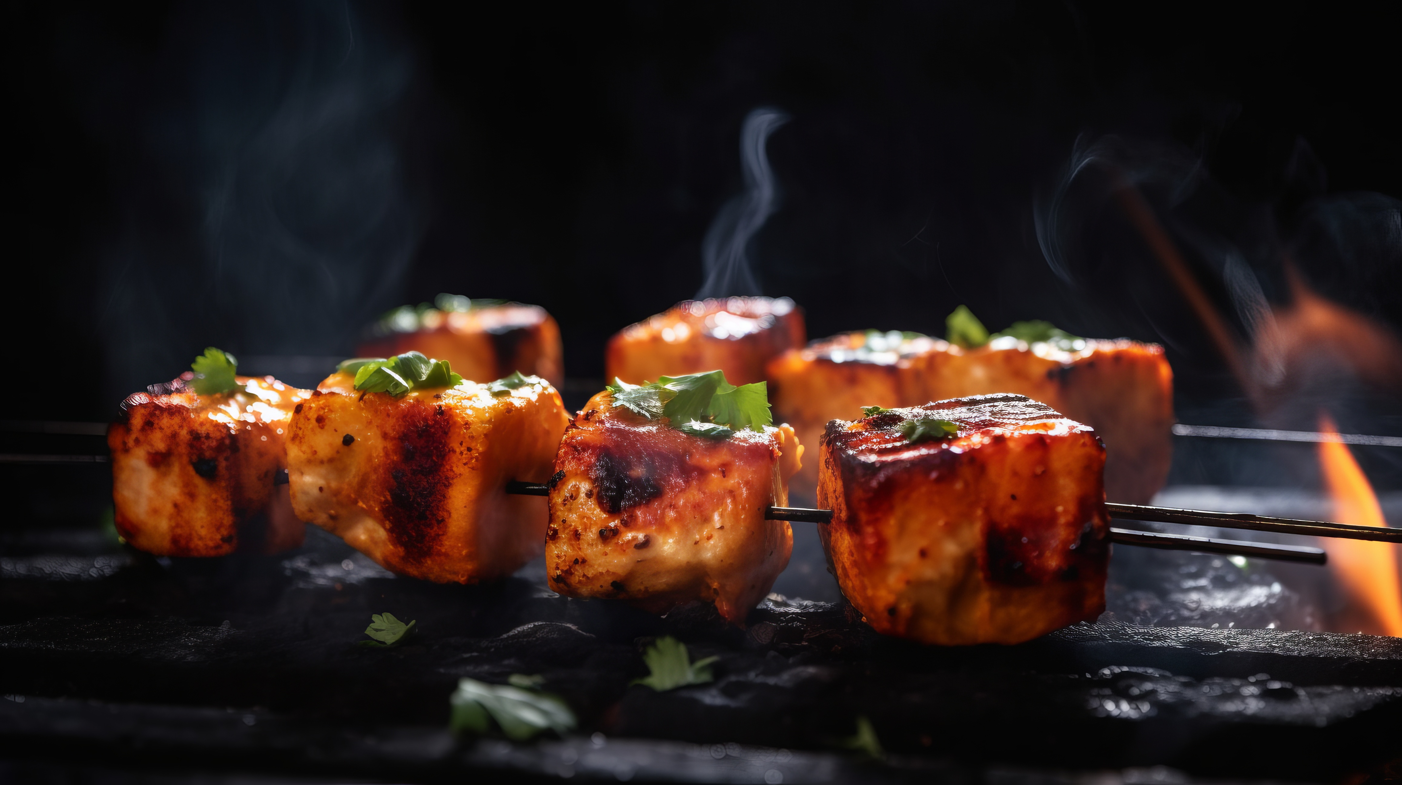 a group of meat on skewers