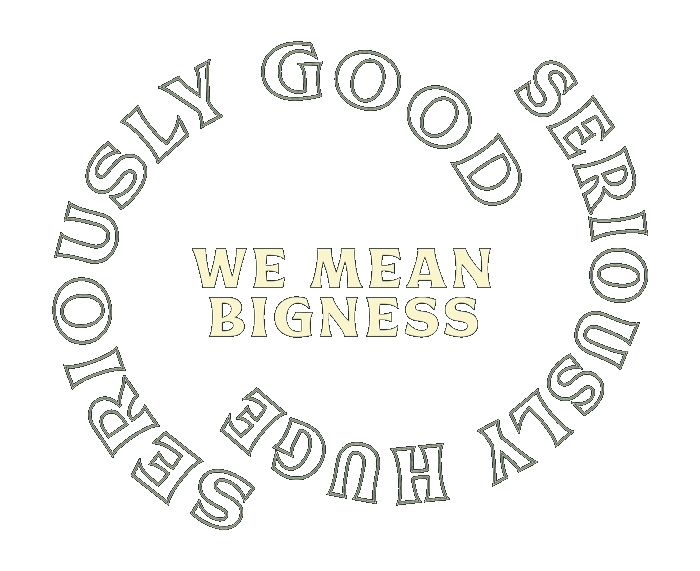 a gif of serious pizza's secondary branding saying we mean bigness