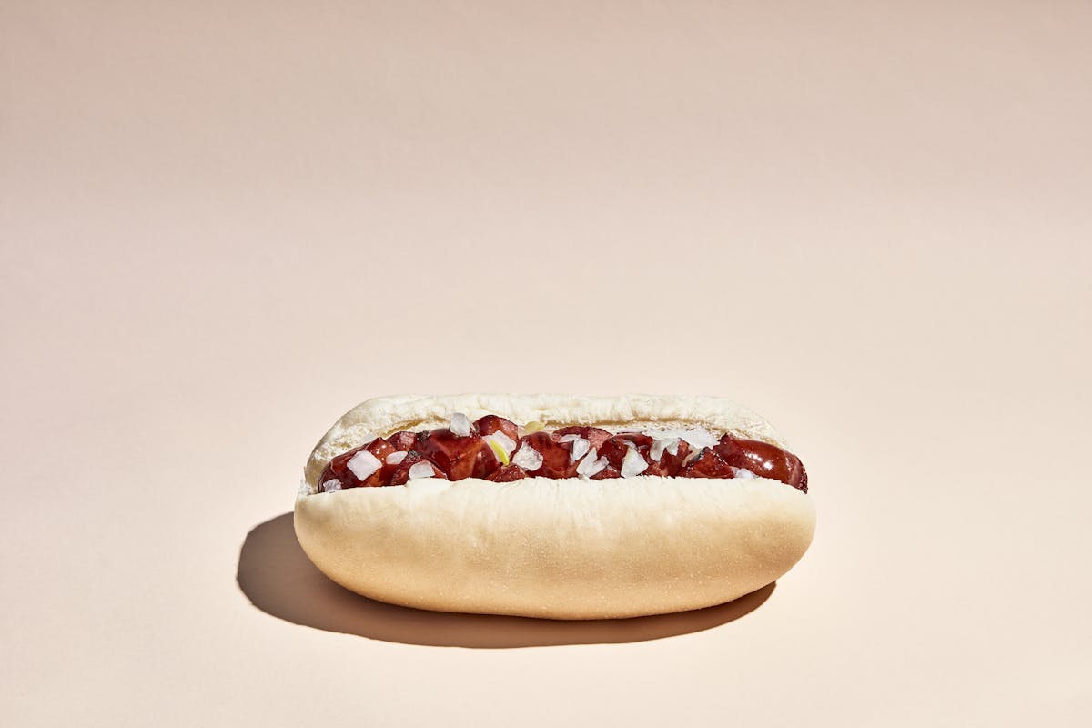 a hot dog on a bun