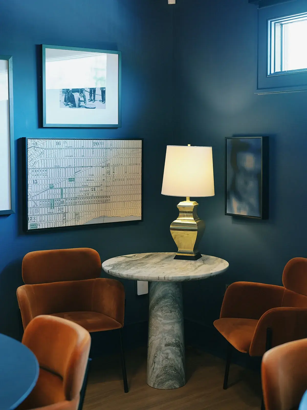 The dark-walled private lounge