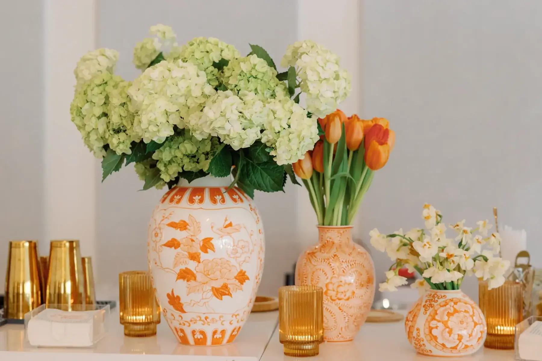 Colorful floral arrangements for a wedding-weekend event