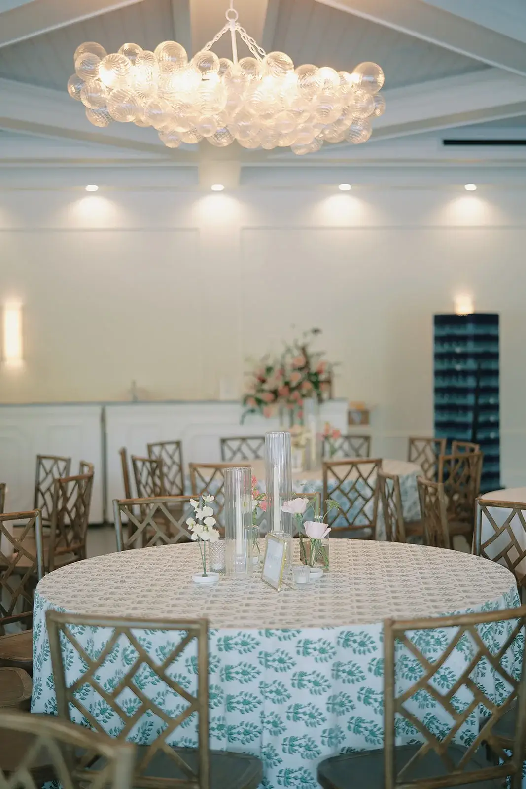Reception hall prepared for a rehearsal dinner