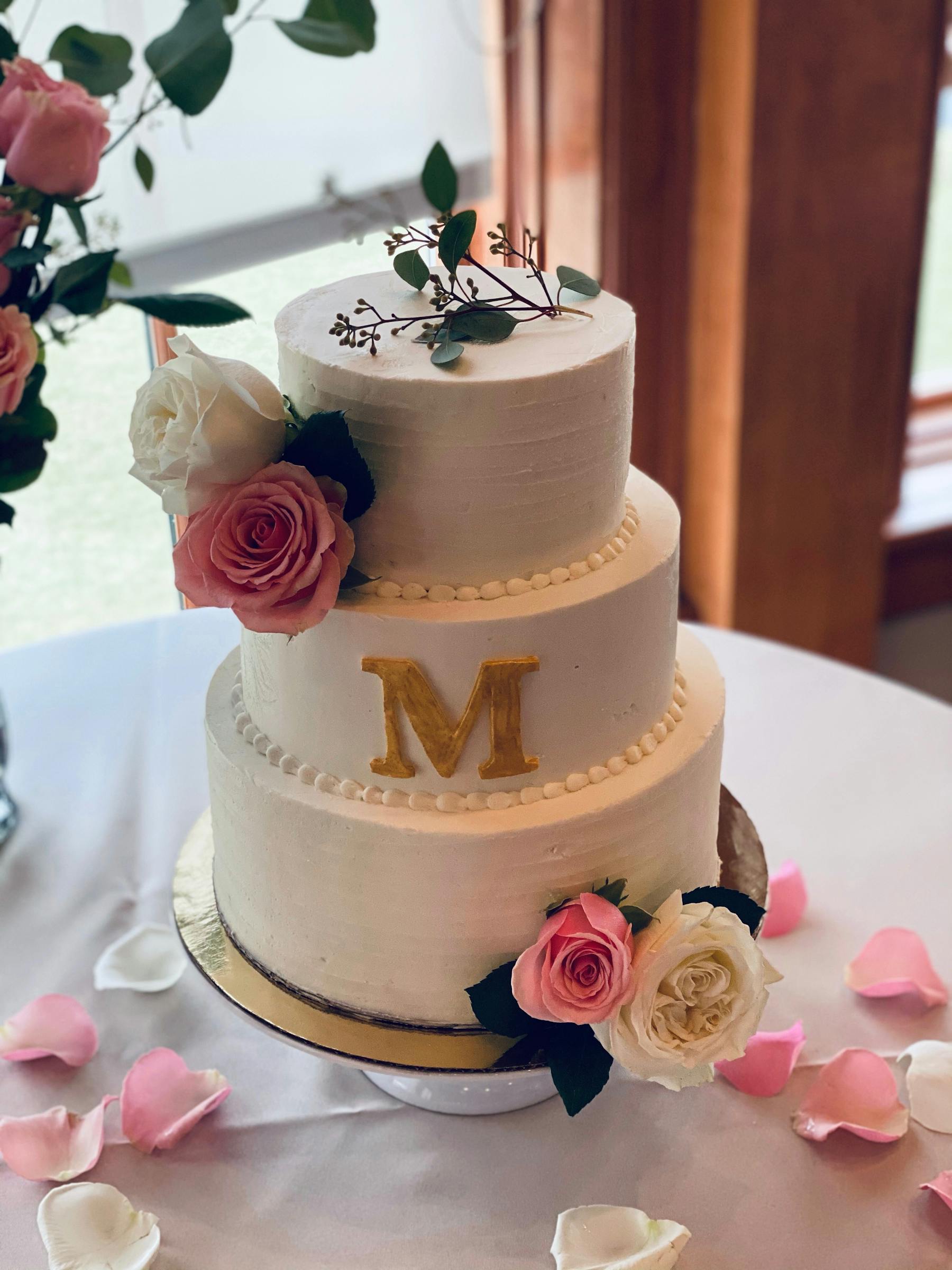 a wedding cake sitting on top of a table