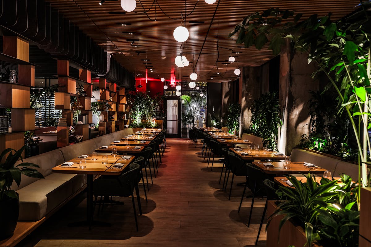 a room with tables and chairs