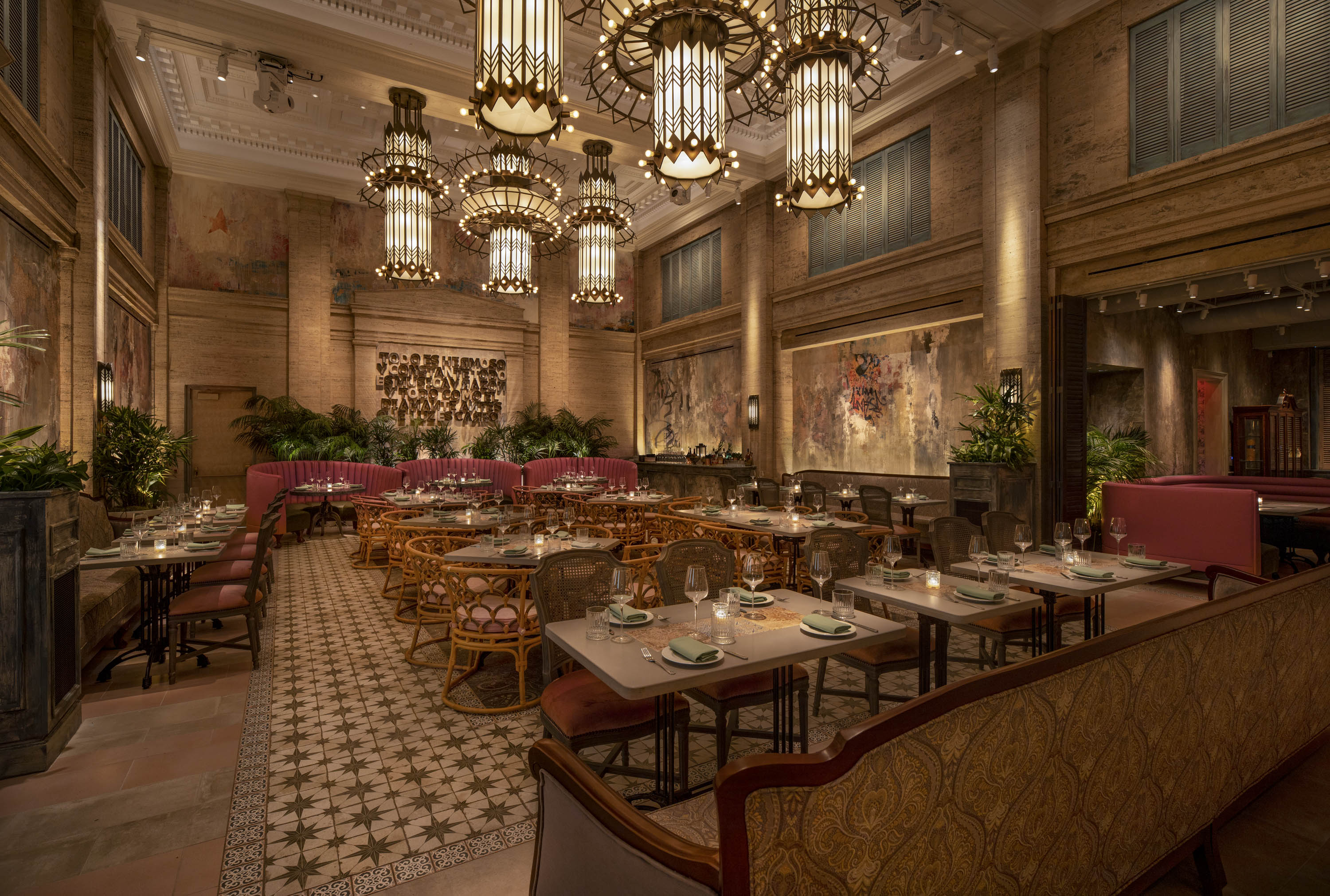 a long table in front of a building