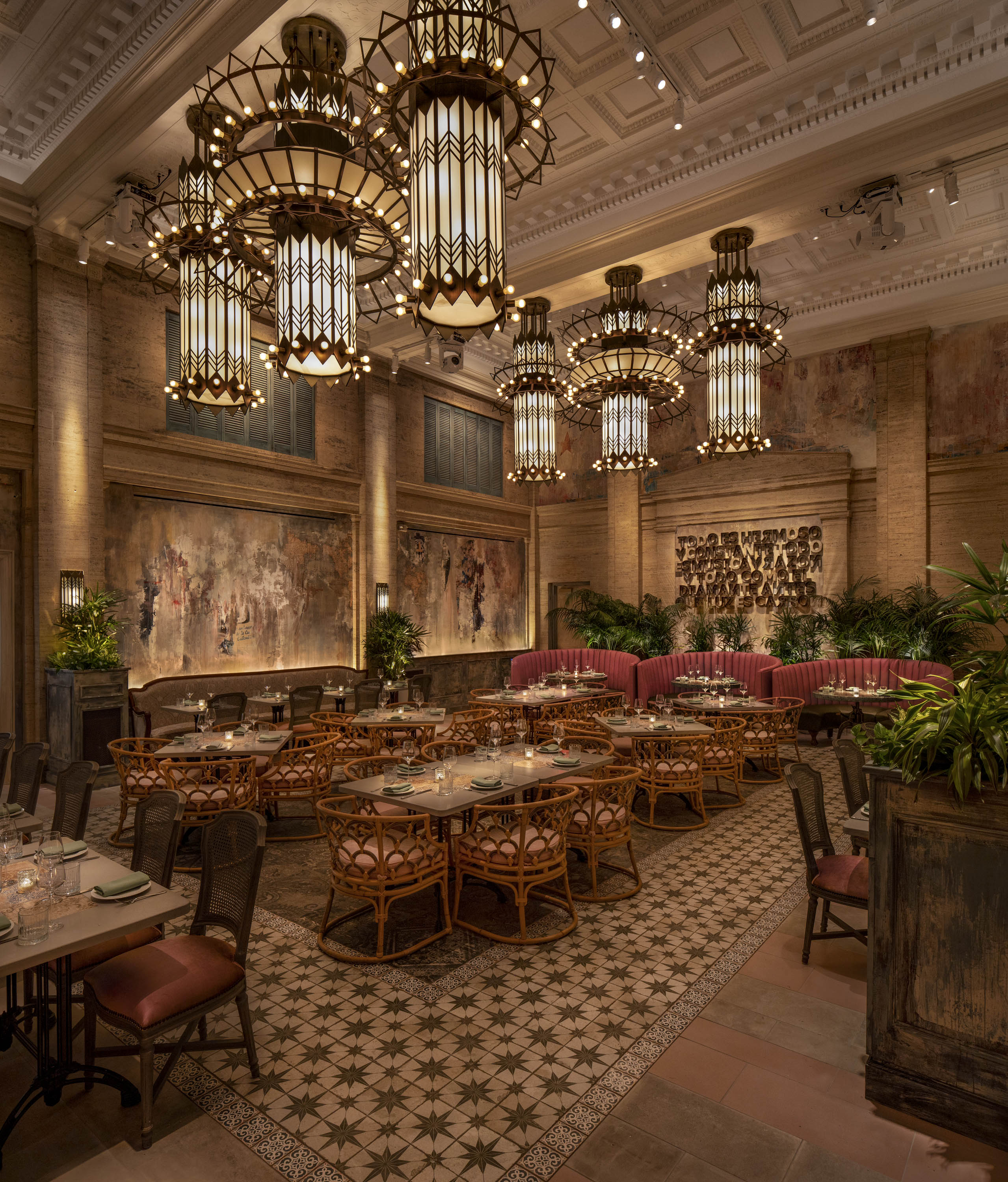 a room filled with furniture and a large building