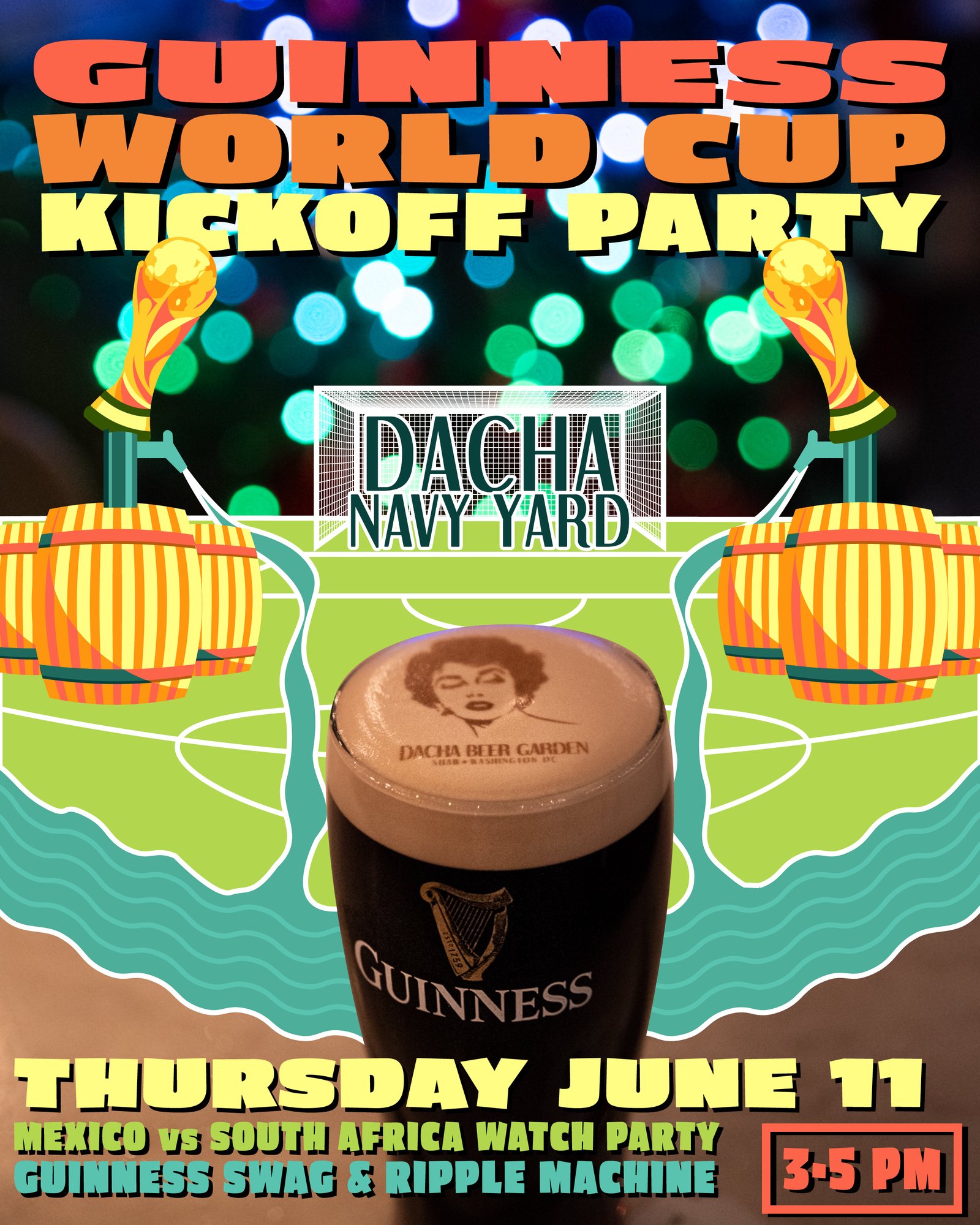 Watch every 2026 World Cup match on Dacha Navy Yard's covered patio in DC: 20 TVs, full audio, $9 Michelob souvenir cups, and sponsor watch parties