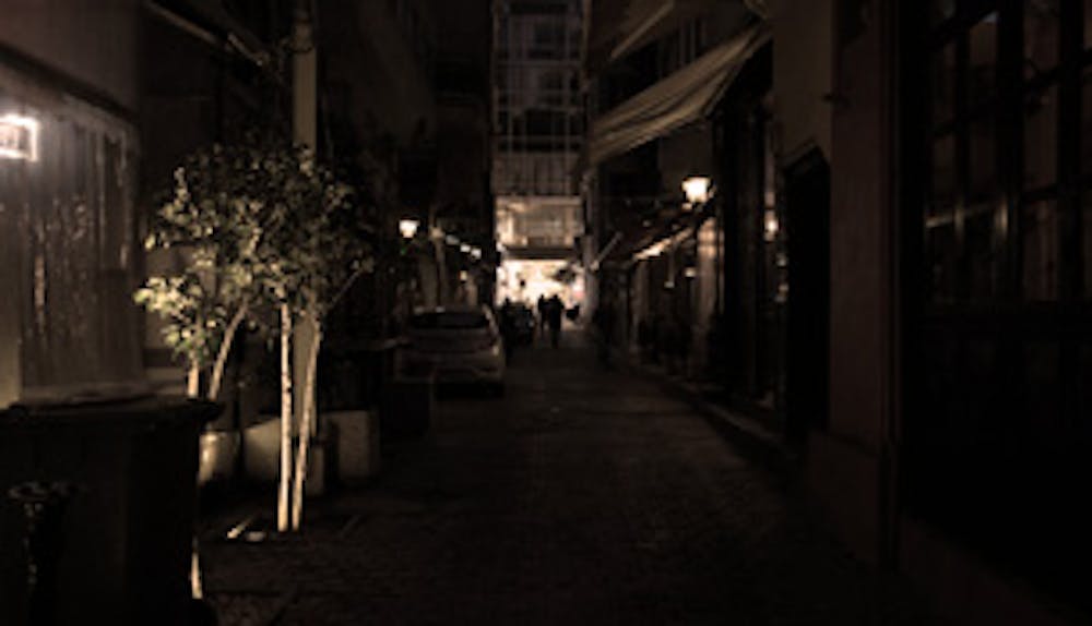 a building lit up at night