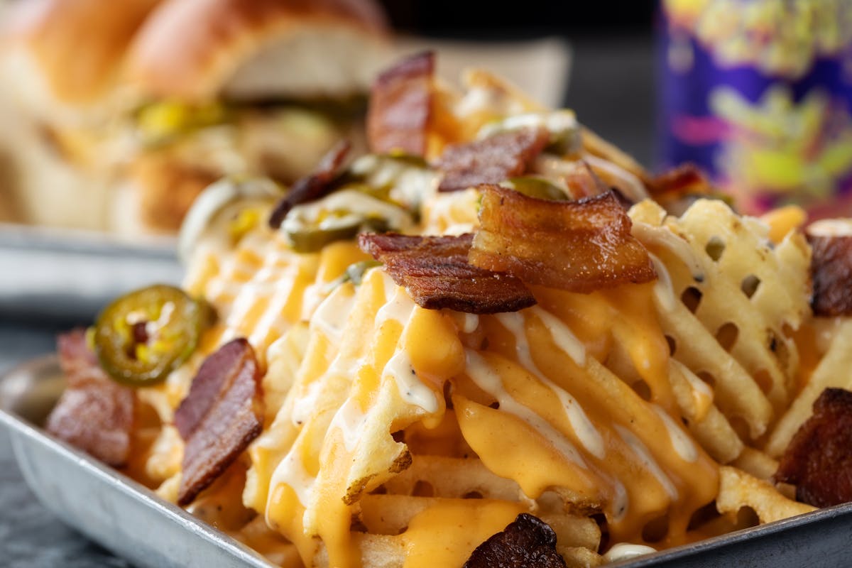 waffle fries with bacon and jalapeños