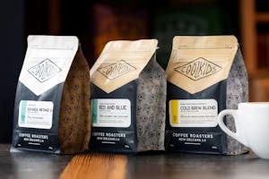a group of bags of coffee