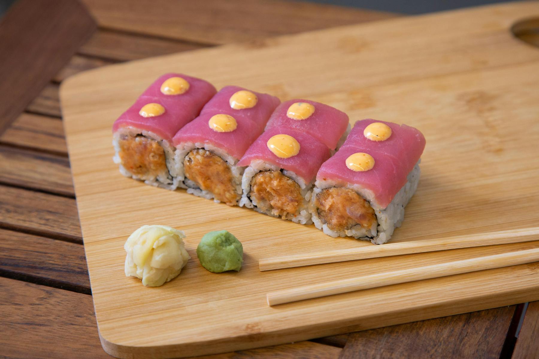 sushi on a wooden cutting board